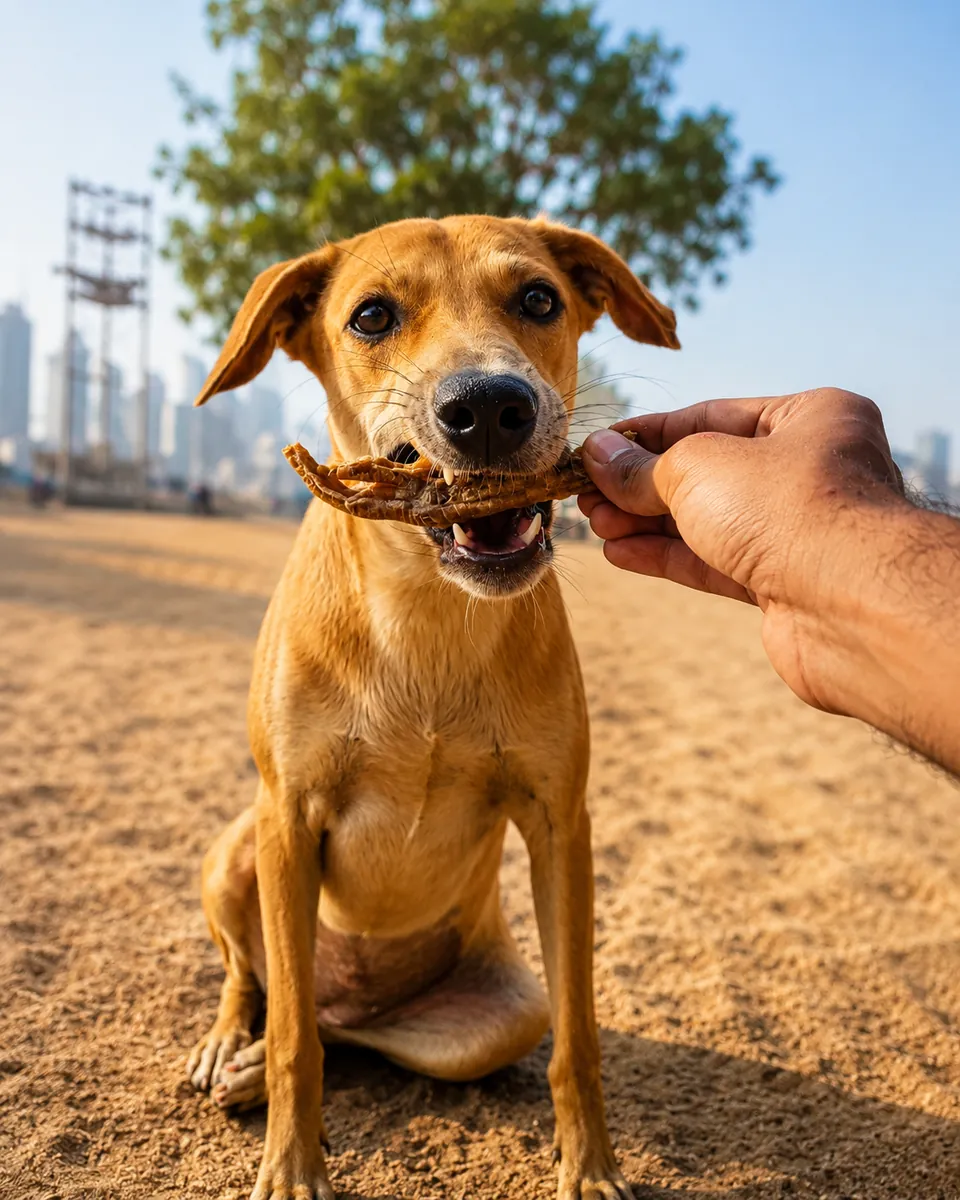 Happy dog enjoying a natural treat outdoors