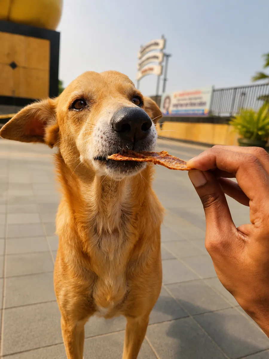 A dog taking a jerky strip