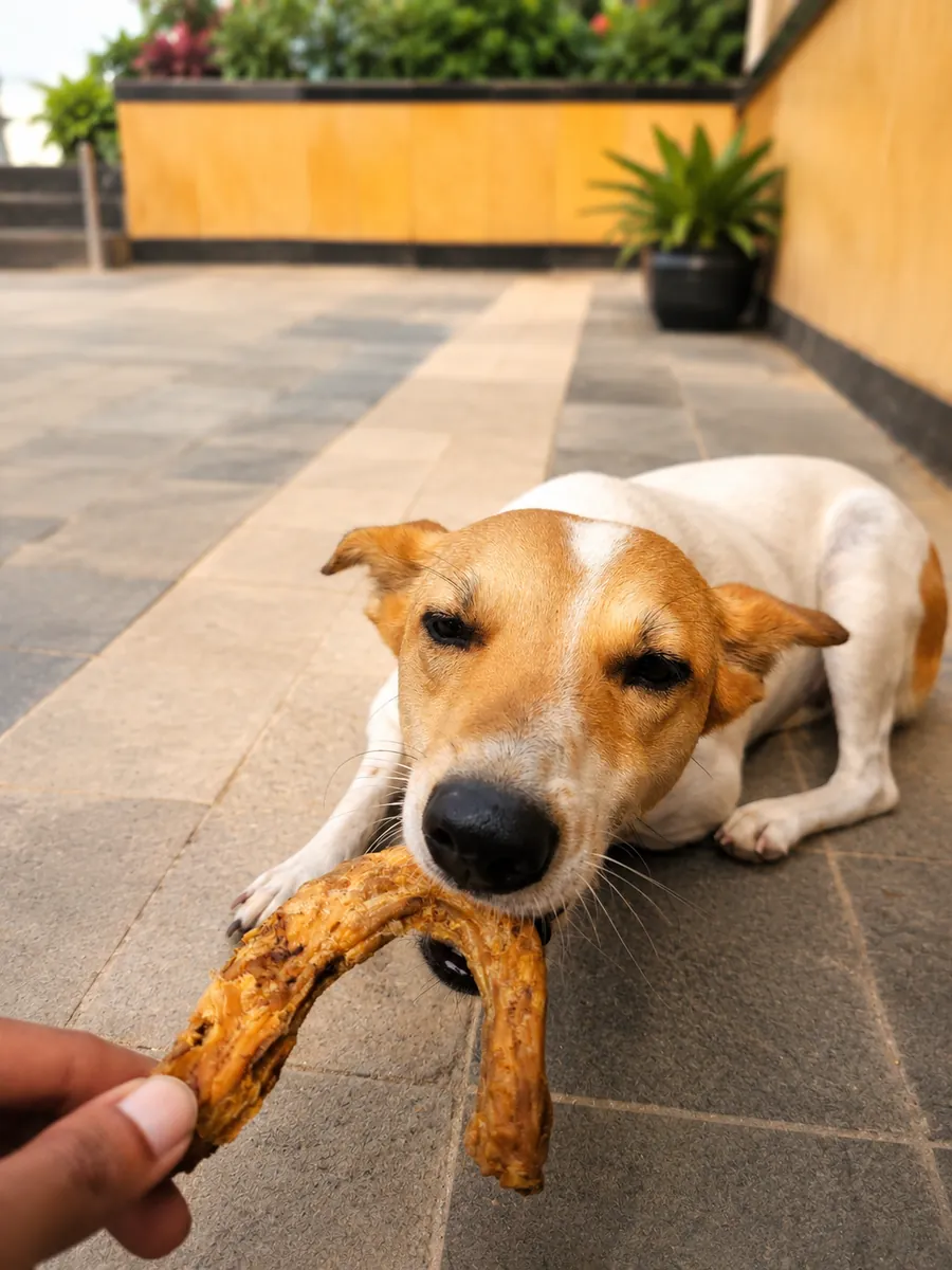 A dog chewing a treat
