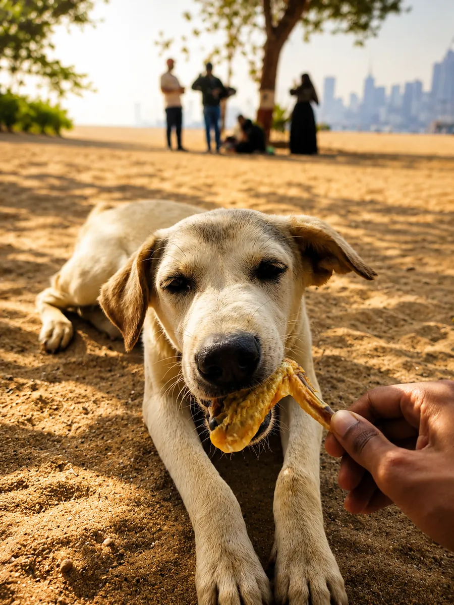 A dog taking a dried treat from a hand on a beach