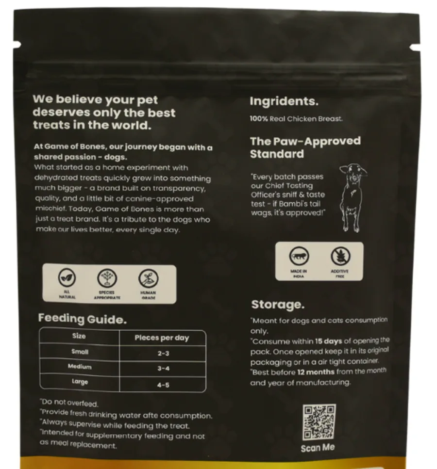 Back of a Chicken Jerky pouch showing the ingredient: 100% Real Chicken Breast